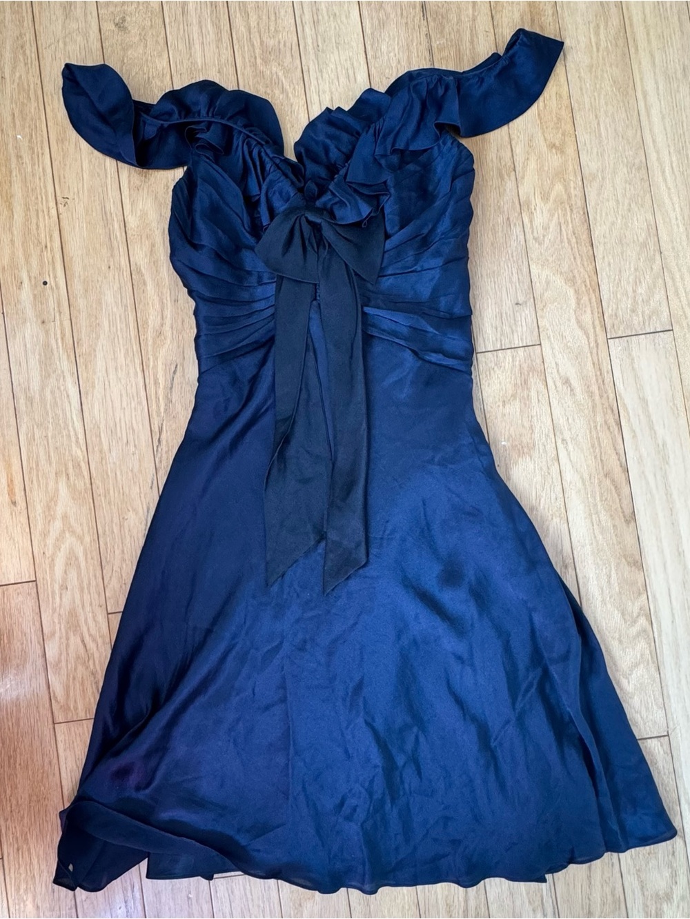 Black Silk Ruffle Bow Dress Vintage 90s Y2K Romantic Cocktail Party Size S